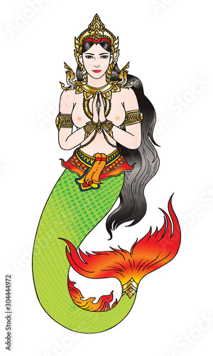 thai vintage style mermaid. vector illustration isolated cartoon hand drawn