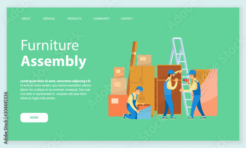 Furniture assembly vector, workers busy with installing items bought from shop. Service for people moving in, ladder and chest of drawers. Website or webpage template, landing page flat style