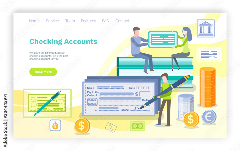 Checking account vector, man with pen ready to sign check with personal information, transaction of money. Banking system and banking of people. Website or webpage template, landing page flat style