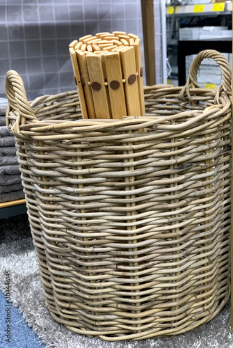 Wooden wicker basket in the sauna.