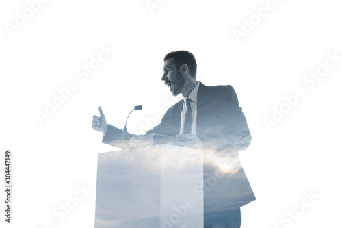 Proof. Speaker, coach or chairman during politician speech isolated on white background. Double exposure - truth and lies. Business training, speaking, promises, economical and financial relations.