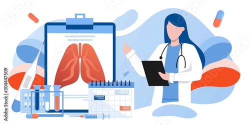 Human Lungs and respiratory system inspection concept. Pulmonology of human vector illustration for website, app, banner. Fibrosis, tuberculosis, pneumonia, cancer, doctor doing medical research
