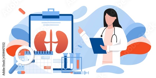 Kidney healthcare, doing medical research.urology and nephrology. nephroptosis, renal failure, pyelonephritis, diseases, kidney stones, cystitis. For website, app, banner, flyer with doctor