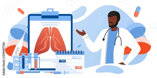 Human Lungs and respiratory system inspection concept. Pulmonology of human vector illustration for website, app, banner. Fibrosis, tuberculosis, pneumonia, cancer, doctor doing medical research