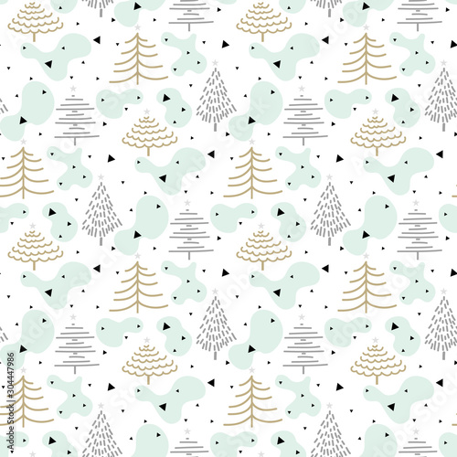 Winter Christmas forest seamless pattern design. Winter holiday background.