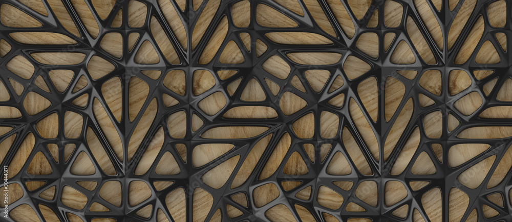 3d black lattice tiles on wooden oak background