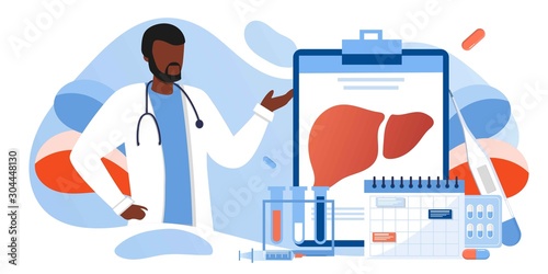 Doctors treat the liver. Liver disease, hepatitis A, B, C, D, cirrhosis, world hepatitis day. For web banners, brochure cover and flyer template. Healthcare, doing medical research concept