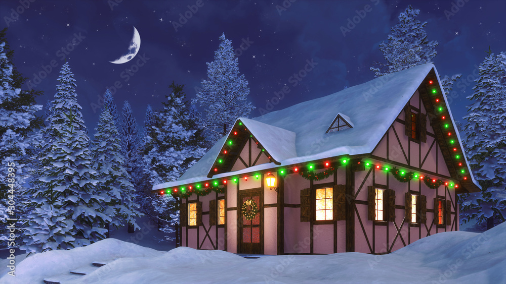 Snowbound half-timbered rural house decorated for Christmas among snowy  fir forest at winter night with half moon in the starry sky. 3D illustration for Xmas or New Year holidays. - obrazy, fototapety, plakaty 