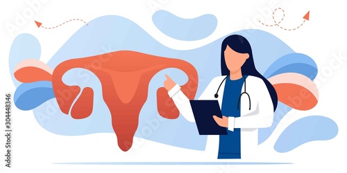 Gynecology, female health. Uterus, ovary and womb. Medical treatment. Endometriosis, endometrium dysfunctionality, endometriosis treatment concept. Doctor make uterus examination. For banner, web page