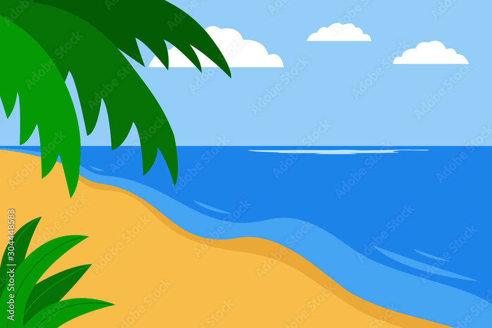 South sea coast, beach, seashore, landscape summer. Sea, sand, palm leaves. Vacation by sea, relaxing on beach. Vector illustration