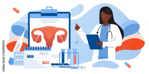 Gynecology, female health. Uterus, ovary and womb. Medical treatment. Endometriosis, endometrium dysfunctionality, endometriosis treatment concept. Doctor make uterus examination. For banner, web page