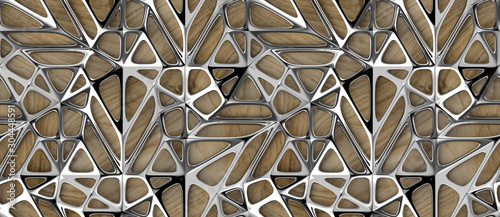 3d silver lattice tiles on wooden oak background