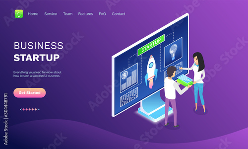 Startup scheme in monitor, man and woman holding device or laptop, researching and discussing strategy, successful teamwork, business web idea vector