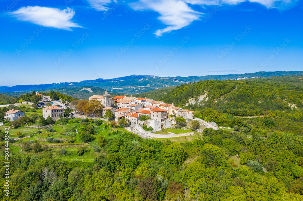 Beautiful old town of Hum in Istria, Croatia, aerial view from drone