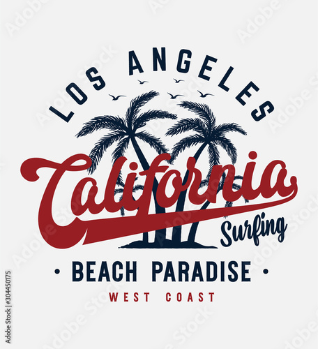 california beach typography slogan with palm tree illustration for fashion print and other uses