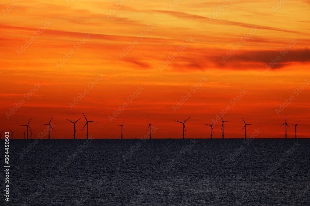 Fototapeta premium Windfarm on the sea at sunset