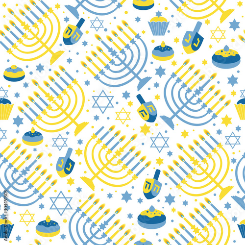 Happy Hanukkah print Background with Menorah, David Star and . Seamless pattern on .