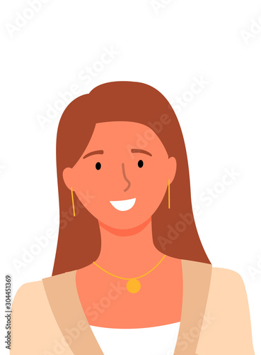 Smiling woman, userpic of online consultant or helper, female avatar isolated on white. Vector pretty long hair girl with necklace and earrings, portrait view