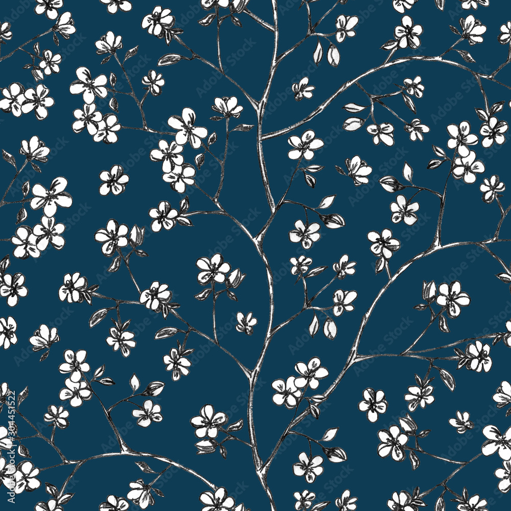 Cherry flowers on branch, hand drawn - seamless pattern with blossom on navy blue background	