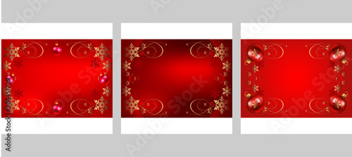 Christmas cards in retro style. Three template - background wallpaper with Christmas toys for Your design, greeting cards, banners, posters. Colors in the image: red, gold. Vector illustration