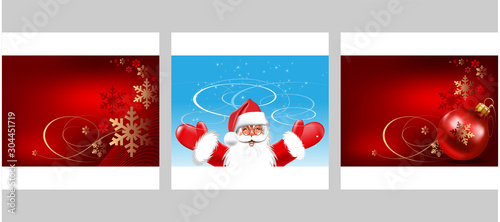 Christmas card. Set of 3 templates for your Christmas and New year design: greeting cards, banners, posters. Colors in the picture: red, blue, white. Vector graphics.