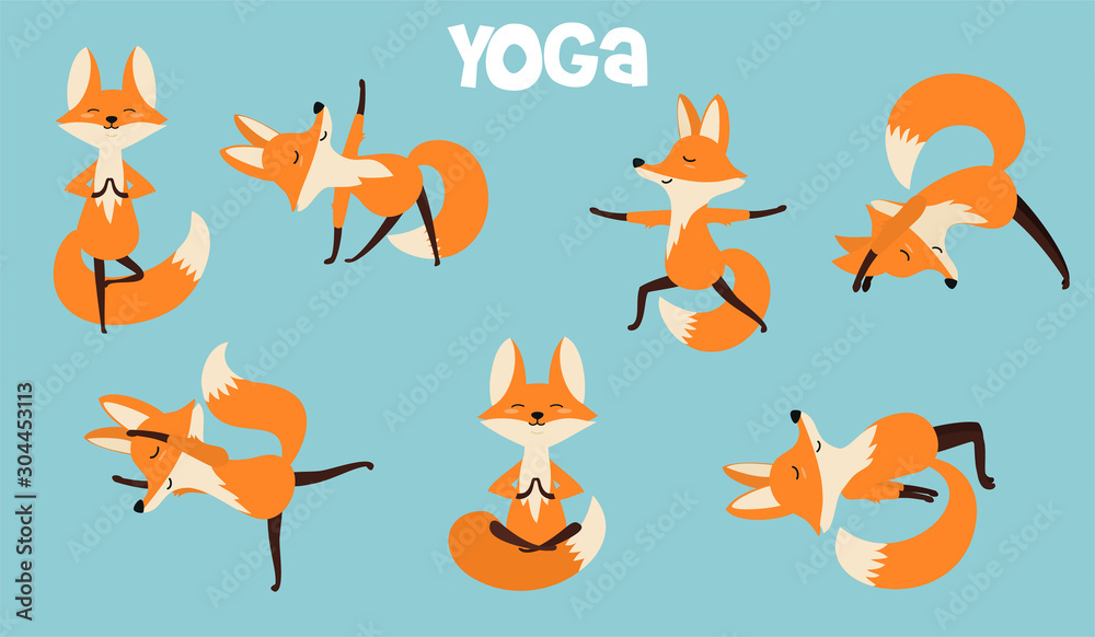 Set of stylish cartoon foxes in various poses of yoga. Vector illustrations isolated on white background.