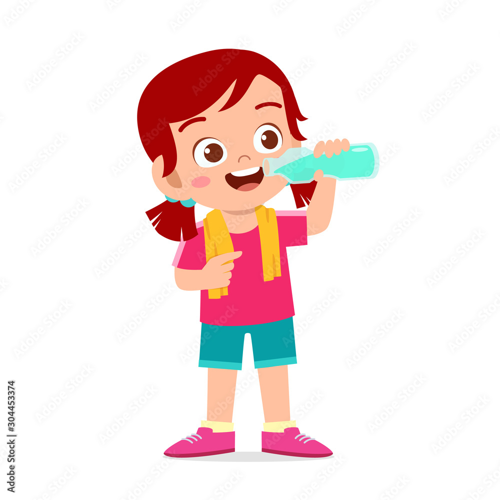 happy cute kid girl drink water after sport happy cute kid girl drink water after sport