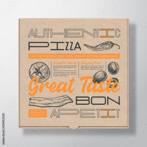 Pizza Realistic Cardboard Box Container. Abstract Vector Packaging Design or Label. Modern Typography, Hand Drawn Ingredients Olives, Tomatoes and Bacon. Craft Paper Background Layout.