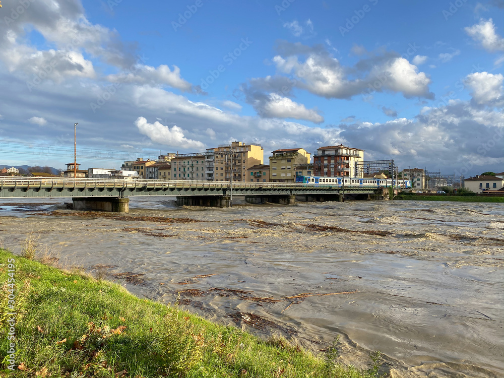 Storm over Pisa, Arno River with flooding