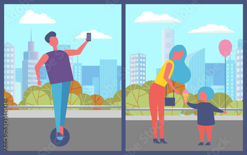 People in city vector, young teenager with modern technologies riding hoverboard and taking selfie on smartphone. Woman mother with child holding balloons, kid and mom in town flat illustration