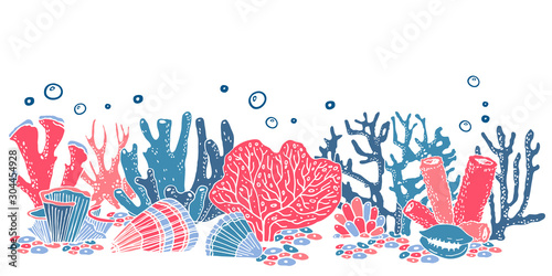 Composition with stylized corals in a row. Color cartoon hand drawn vector illustration