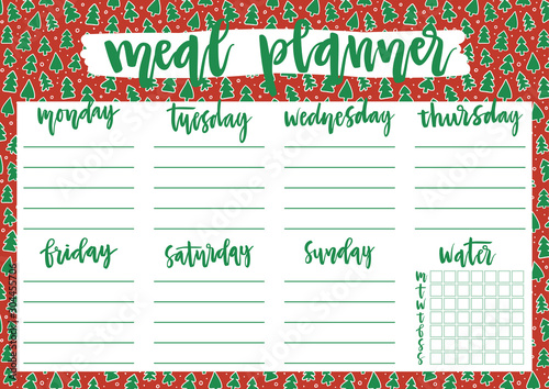 Cute A4 template for weekly and daily meal planner with lettering on Christmas trees pattern. Organizer and water check list. Trendy self-organization concept for 2020 year with graphic elements.