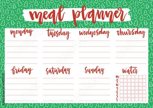 Cute A4 template for weekly and daily meal planner with lettering on Christmas trees pattern. Organizer and water check list. Trendy self-organization concept for 2020 year with graphic elements.