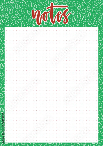 Cute A4 template for notes with lettering and Christmas trees background. Vector printable organizer and schedule with dotted page. Trendy self-organization concept illustration for 2020.