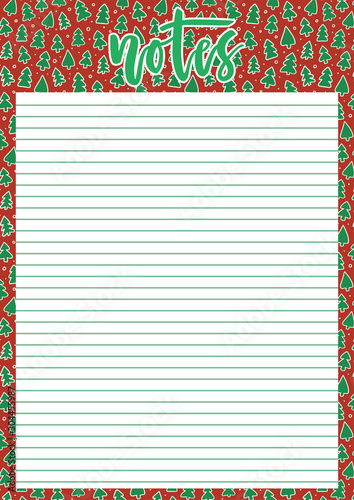 Cute A4 template for notes with lettering and Christmas trees background. Vector printable organizer and schedule with dotted page. Trendy self-organization concept illustration for 2020.