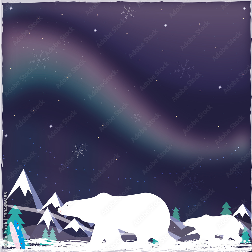 Aurora borealis illustration. Northern light. North.Polar bears.nordic landscape