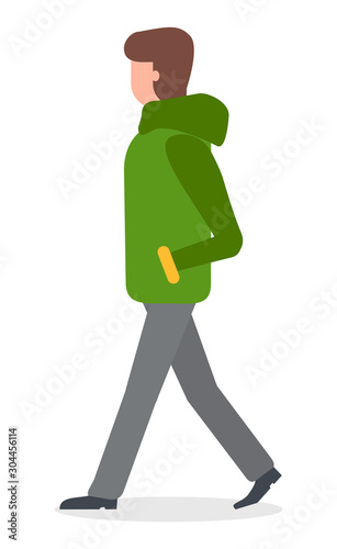 Female character walking in one direction vector. Isolated lady wearing warm winter jacket and thick clothes to get heat. Woman strolling with hands hidden in pockets flat style illustration
