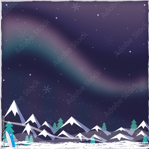 Aurora borealis illustration. Northern light. North.nordic landscape