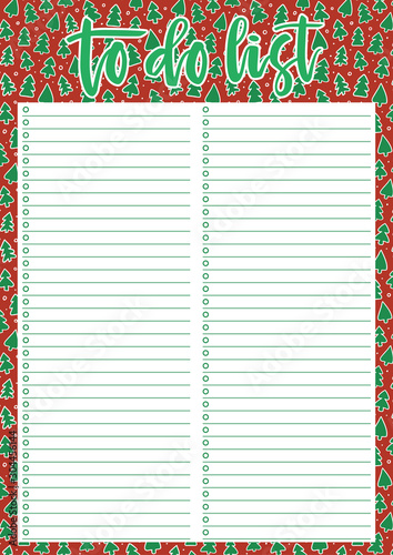 Cute A4 template for To Do List with lettering and Christmas trees background. A4 printable organizer with lined page and check boxes. Trendy self-organization concept for 2020 year.