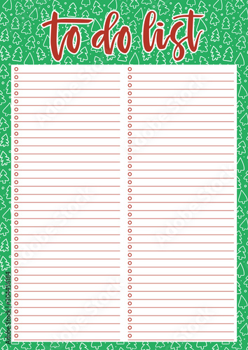 Cute A4 template for To Do List with lettering and Christmas trees background. A4 printable organizer with lined page and check boxes. Trendy self-organization concept for 2020 year.