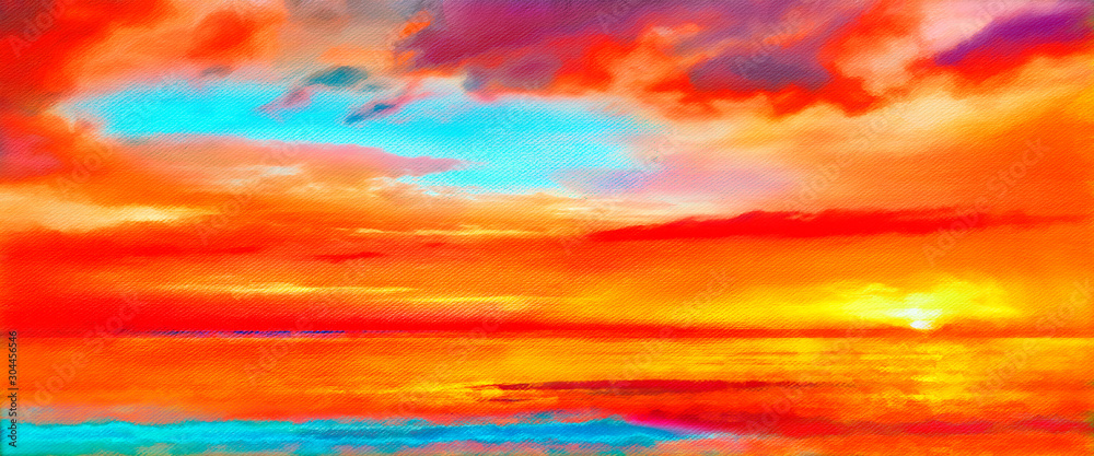 Abstract Scarlet Sunset Painting Seascape Canvas Art