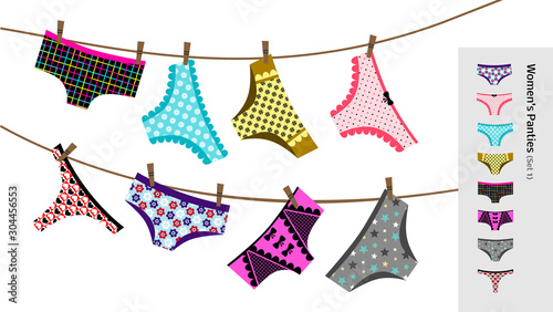 Set Of Different Types Of Multi-Colored Women’s Panties.  Collection Of Cotton And Lace Vector Female Lingerie.