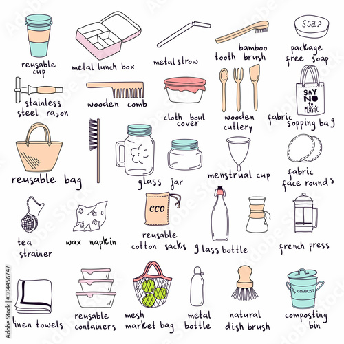 Hand drawn elements of zero waste life in vector. Eco style. No plastic. Go green