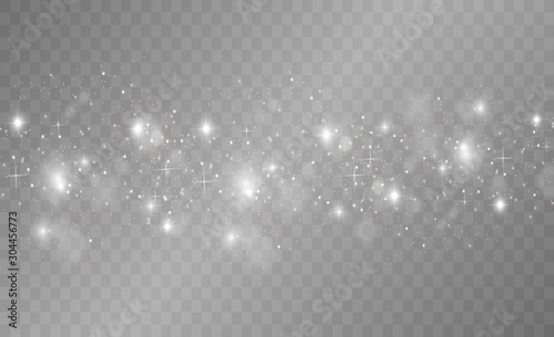 White sparks and golden stars glitter special light effect. Vector sparkles on transparent background. Christmas abstract pattern. Sparkling magic dust particles