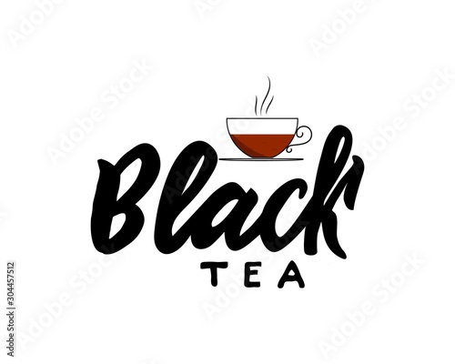 Black type of tea with cup. Hand calligraphy lettering. Vector illustration.