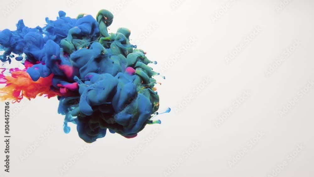 Paint cloud intro. Intoxicating power. Blue pink fume puff motion on white background.