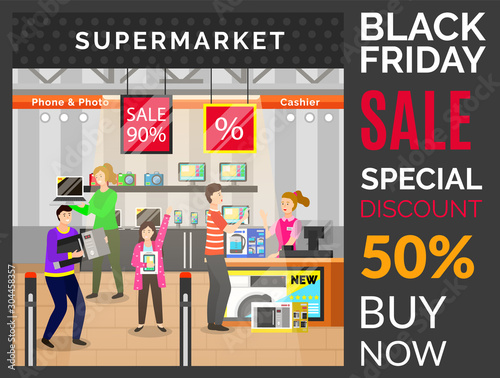 Black friday sale in supermarket with electronic appliances and devices. People shopping at store using discounts and 50 percent off coupons. Microwave oven, camera and personal computer sale vector