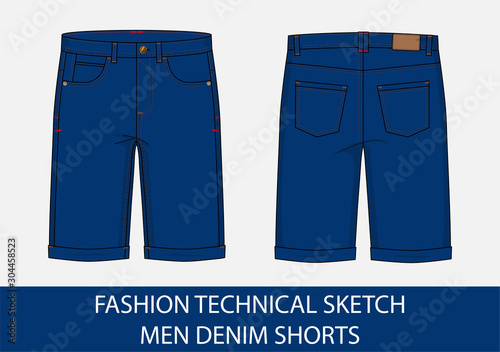 Fashion technical drawing sketch for men denim shorts in vector graphic