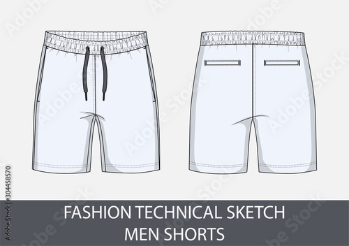 Fashion technical drawing sketch for men shorts in vector graphic photo