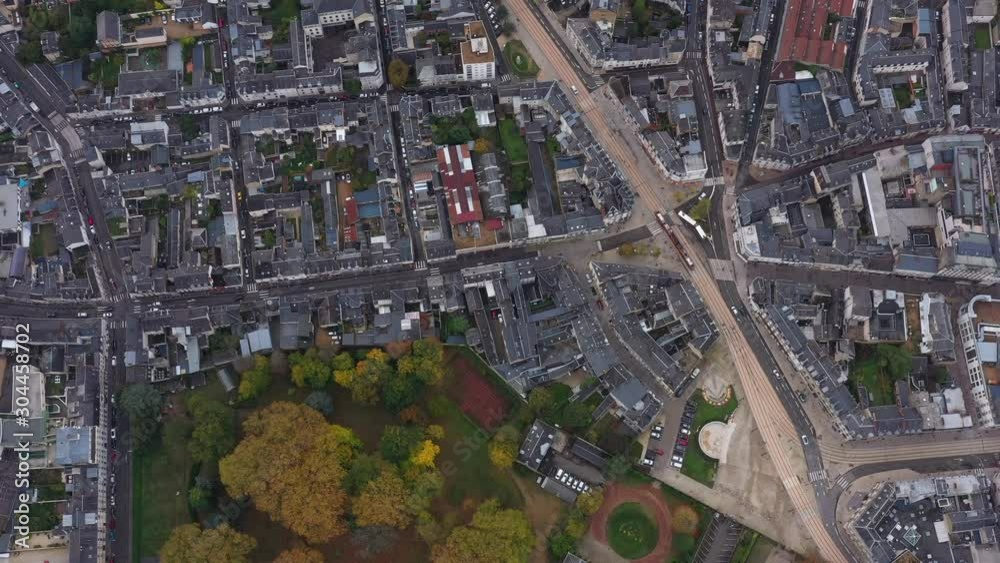 Le Mans aerial view of the tramway a park and residential houses Sarthe France Le Mans aerial view of the tramway a park and residential houses Sarthe France